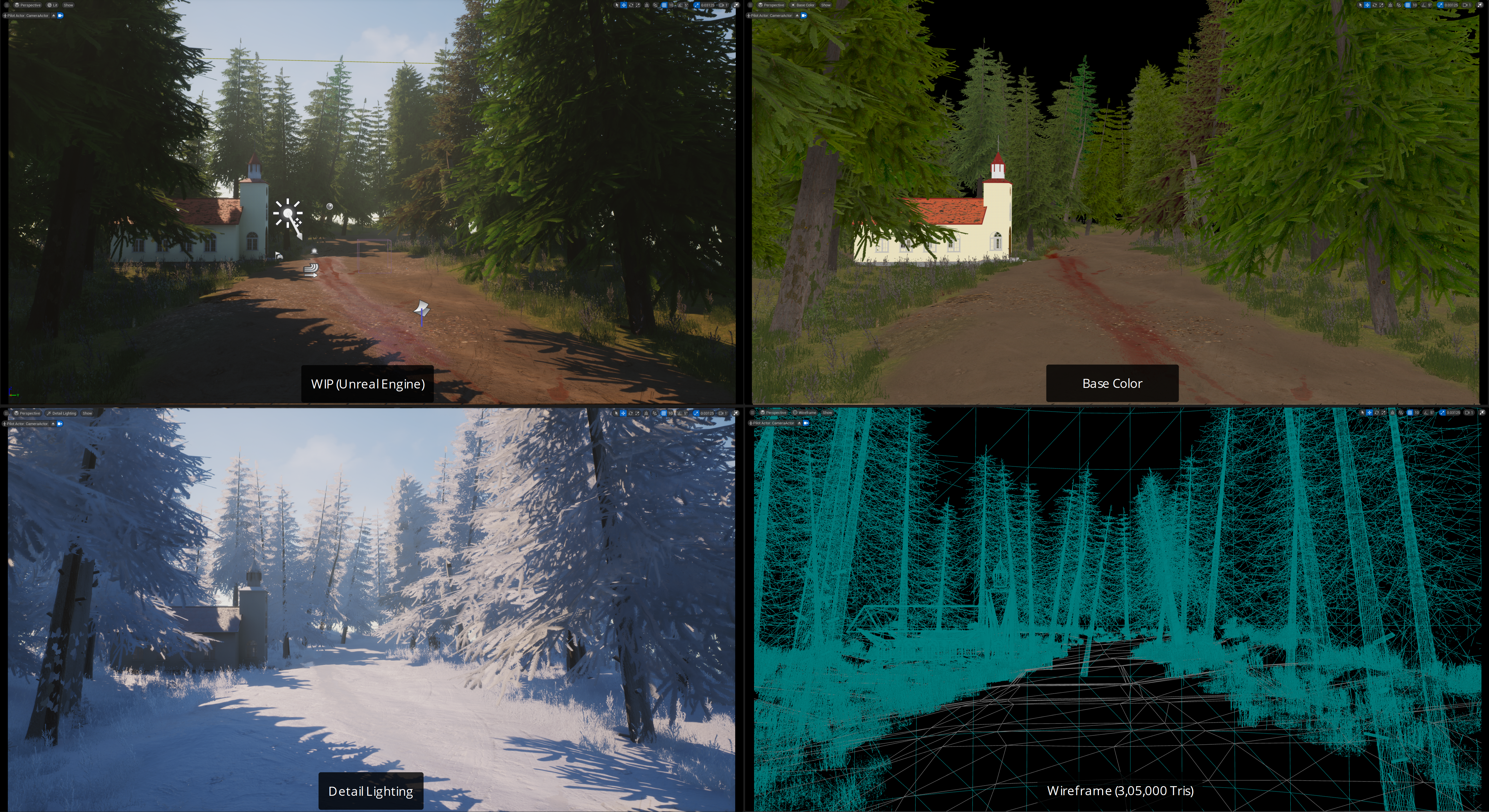 Four render passes of Mysterious Church showing WIP, Base Color, Detail Lighting, and Wireframe at 305,000 triangles.